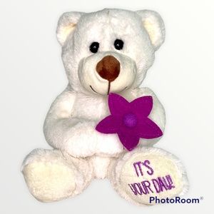 Bear Plush with Flower - White - It's Your Day - 8"